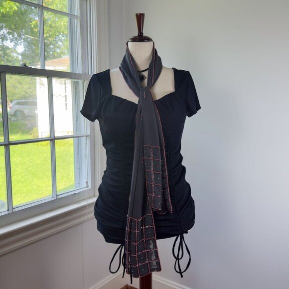 Vintage 90s Fleurs by Elegant Additions Sheer Grey Scarf Pink Beading Fairy - Picture 2 of 7